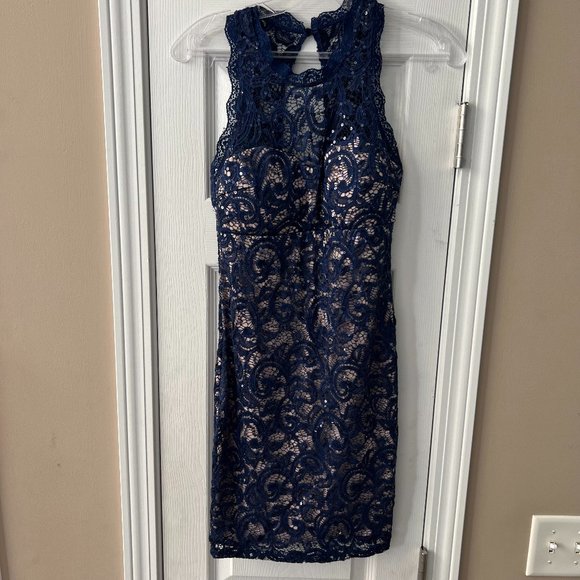 Sequin Heart Lace Halter Bodycon Homecoming Dress Navy Blue & Nude Siz… - Picture 1 of 7